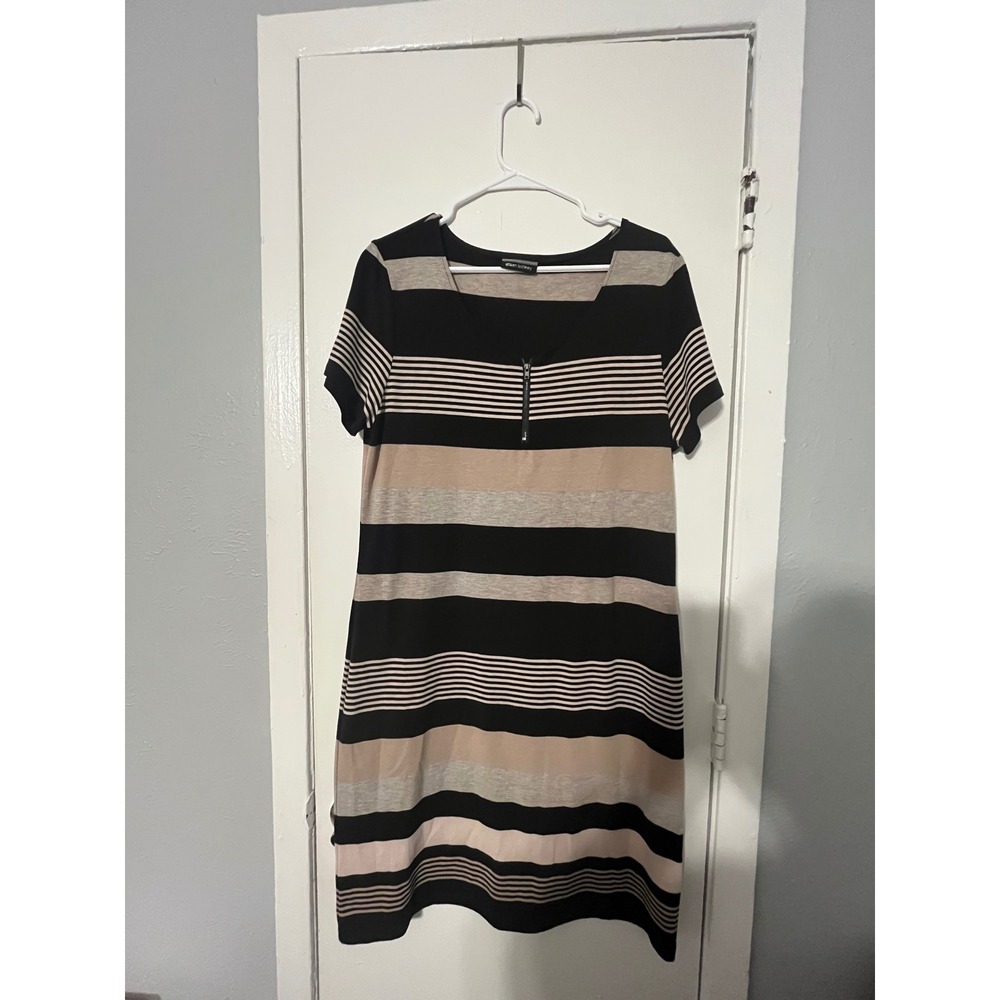 Alison Brittney Womens Striped Short Sleeve Zip Neck T-Shirt Dress Black Beige